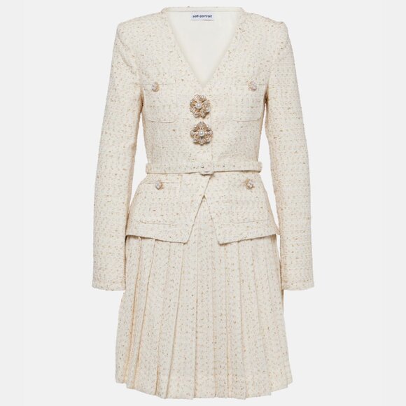 NWT Self-Portrait Jacket Mini Dress Boucle Metallic Boucle Pleated Skirt Sz 6 - Picture 2 of 10